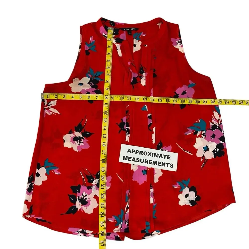 41 Hawthorne Top Womens XL Breyson Pleat Split Neck  Red Floral Office Casual